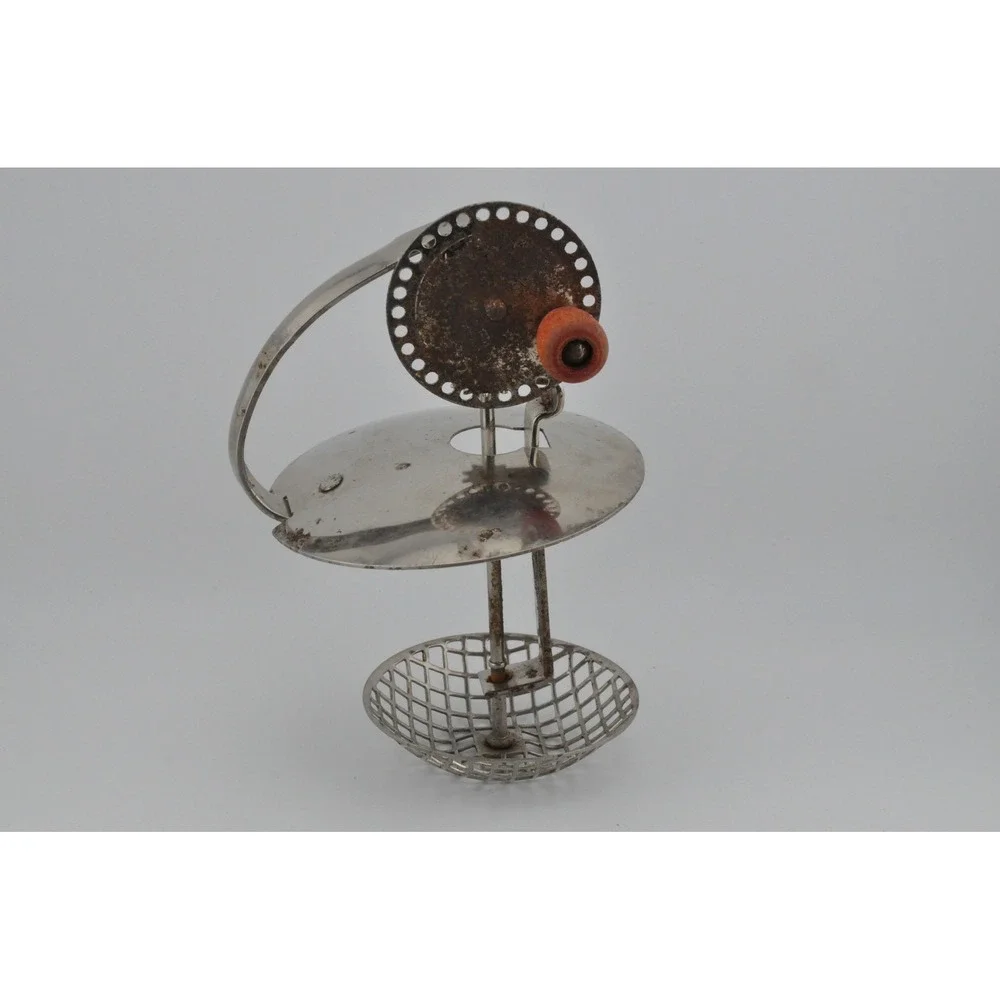 Egg Hand Mixer OS Silver‎ Fair Vintage Primitive Mesh Basket Wood Crank